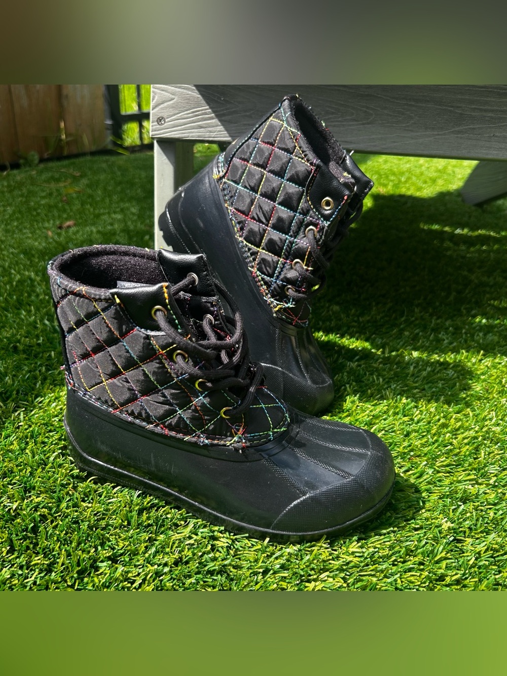 Sperry Port Duck Boots Rainbow Stitching Kids Sz 2 Youth Black Waterproof